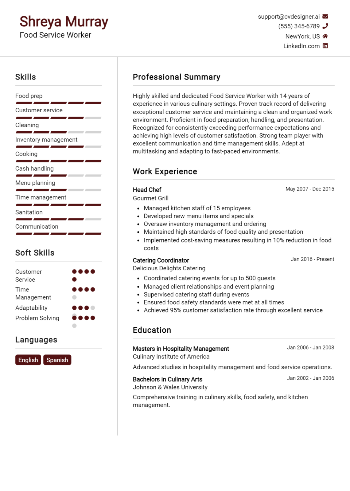 Printable Food Service Worker Resume Template Excel Sample Printable Food Service Worker Resume Template Excel Sample
