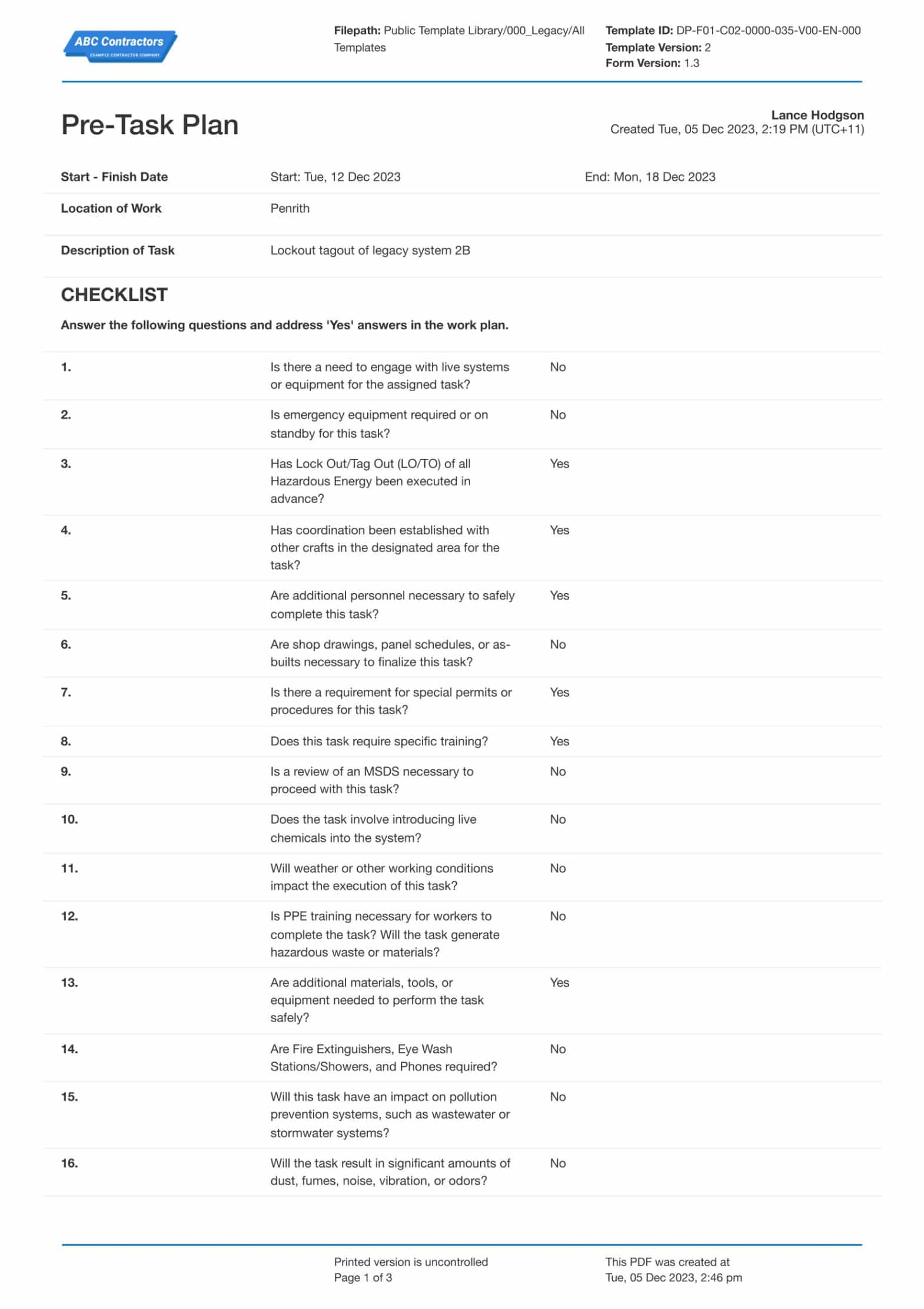 editable osha pretask plan template use the free pretask plan template daily safety task instruction template example