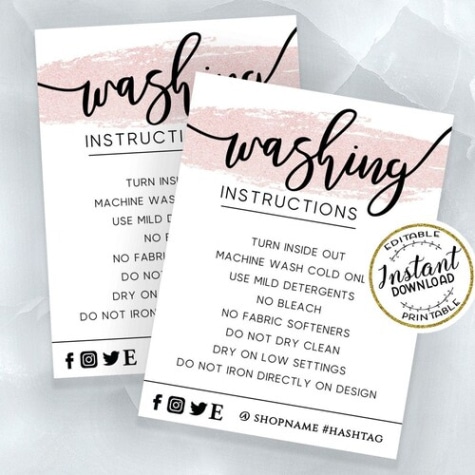 printable editable washing instructions card template printable  etsy washing instruction template example