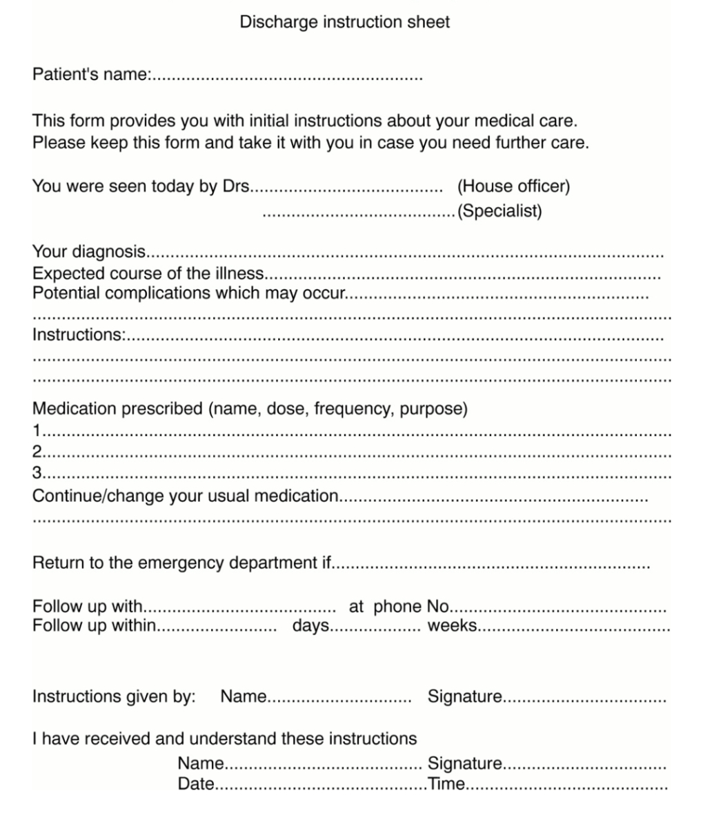 printable emdocs  emergency medicine educationthe worrisome discharged discharge instruction template excel