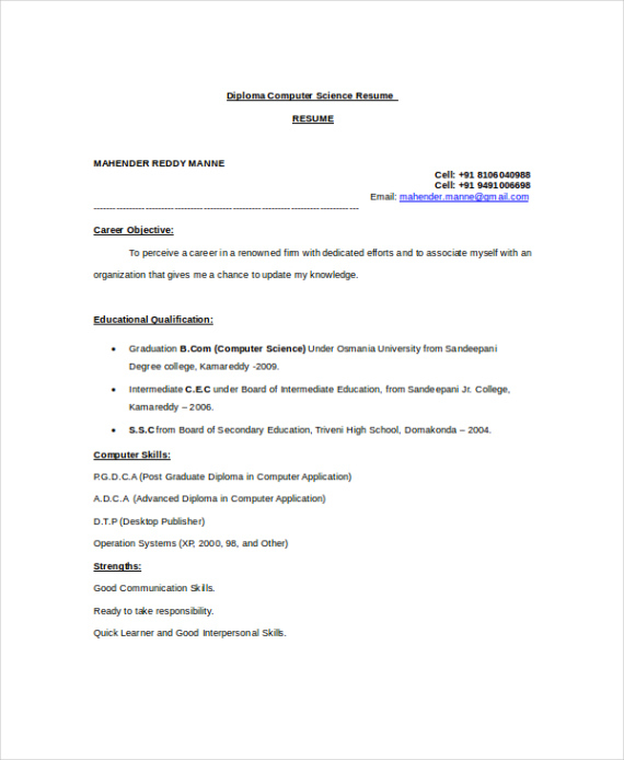 Computer Science Student Resume Template Word Sample
