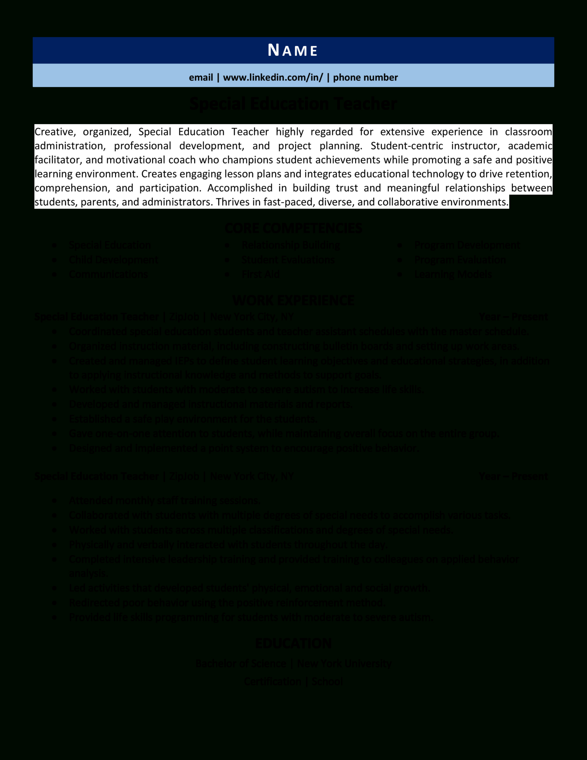 Editable Department Of Education Resume Template Excel Sample