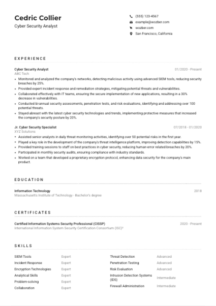 Free  Cyber Security Analyst Resume Template Doc Sample