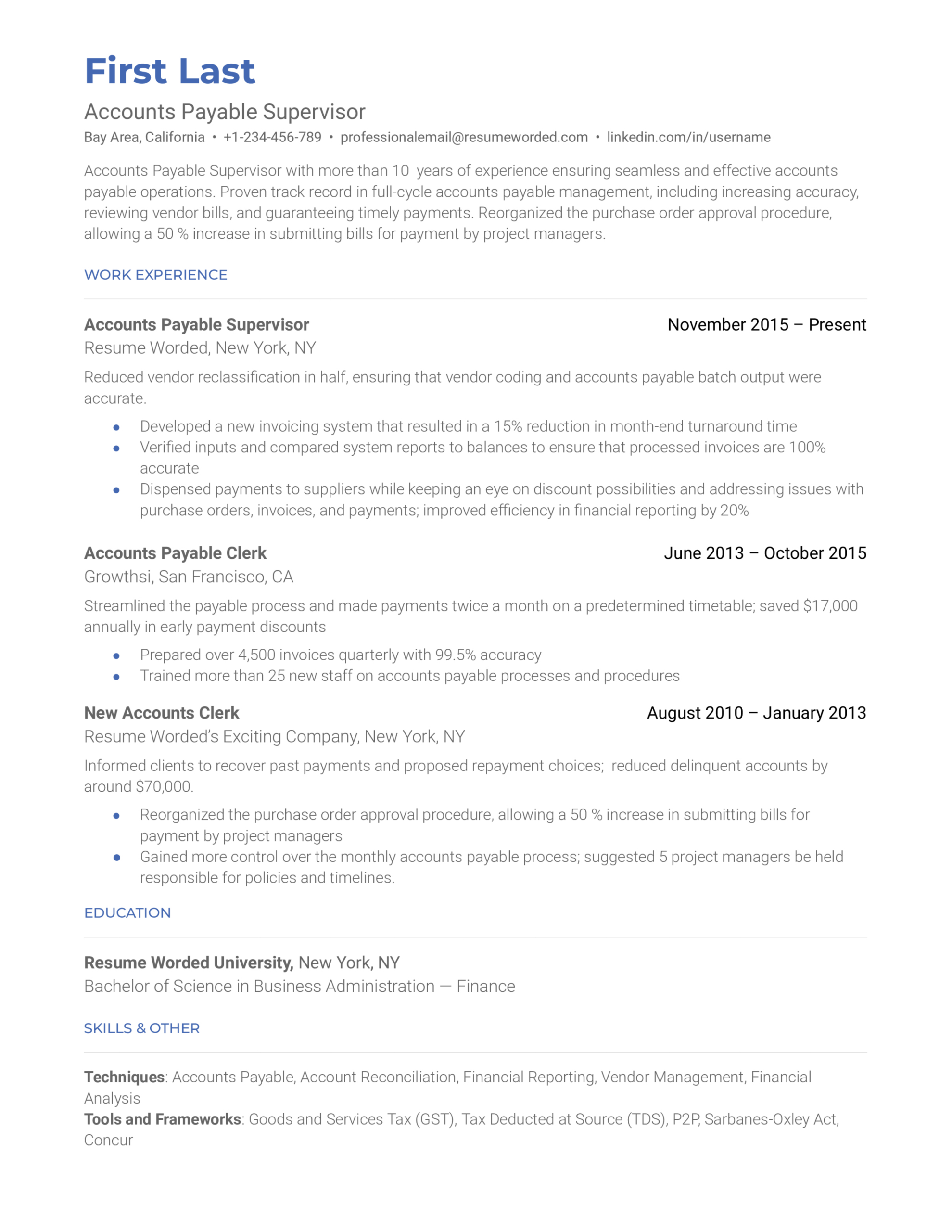 Free Editable Accounts Payable Manager Resume Template Excel